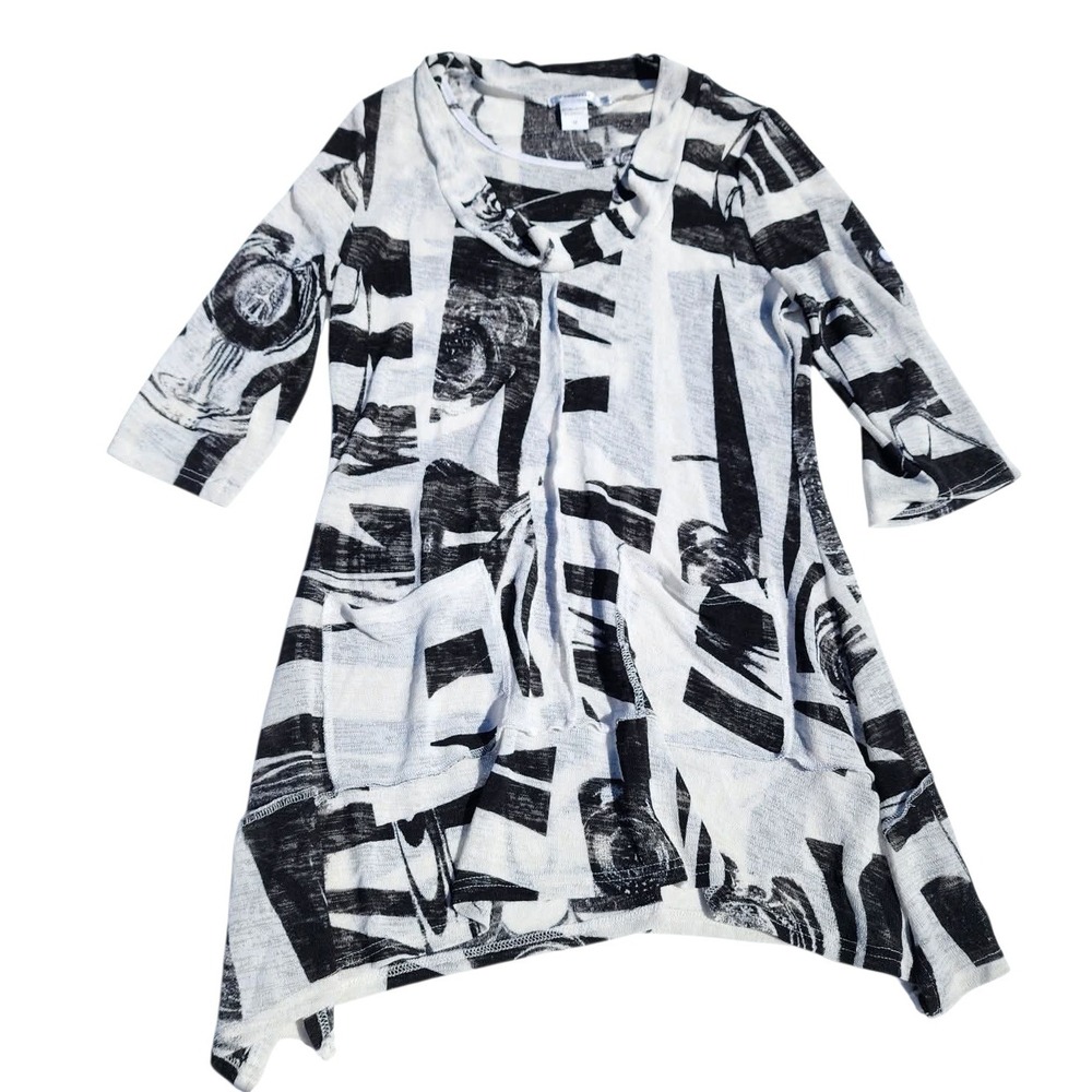 Feratelli Women's Medium Abstract Print Tunic Top Asymmetrical Hem Black White